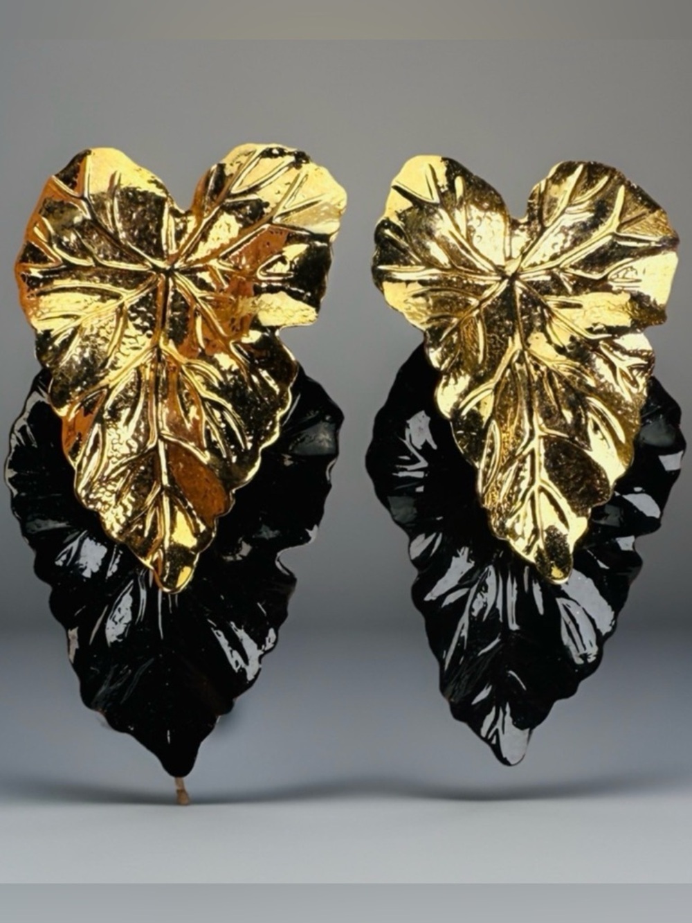 Black Gold Tone Layered Leaf Pierced Statement Earrings Botanical